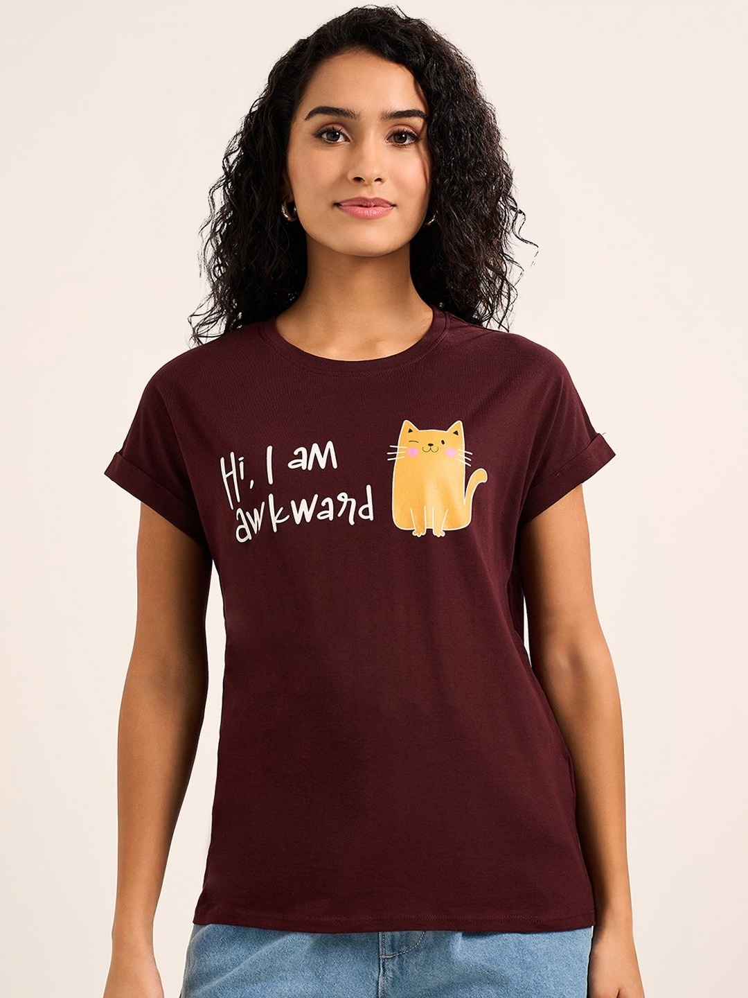 

People Women Typography Extended Sleeves Pockets T-shirt, Brown