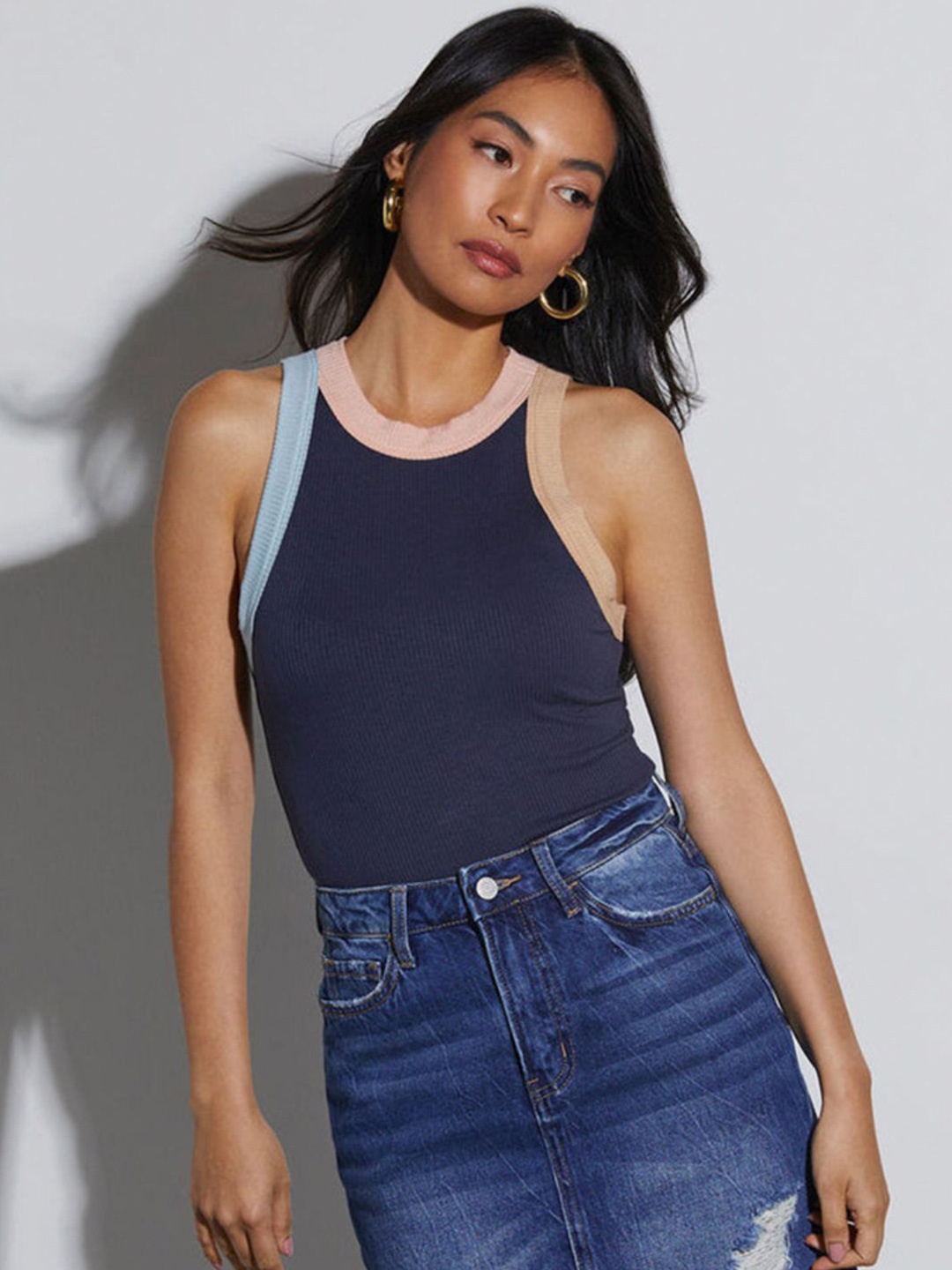 

StyleCast Women Ribbed Ribbed Round Neck Top, Navy blue