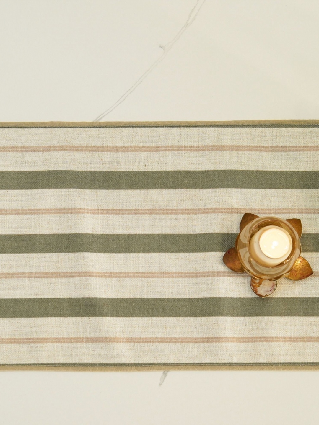 

WOODEN STREET Forest Olive & White Striped Pure Cotton Table Runner