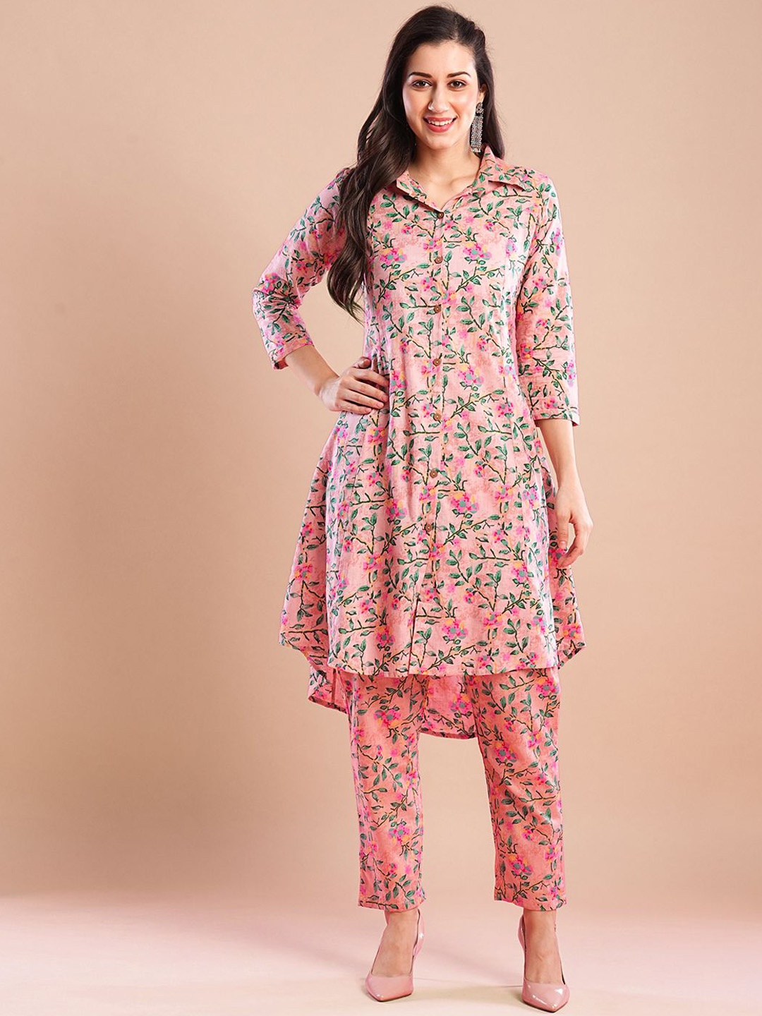 

Moda Rapido Floral Printed Shirt Collar Raw Silk Tunic With Trousers, Pink