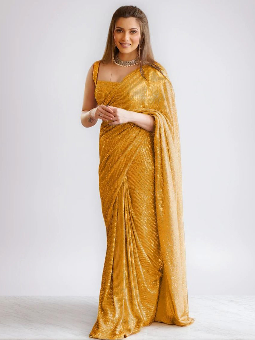 

ANJANI TEXTILE Embellished Sequinned Poly Georgette Heavy Work Saree, Gold