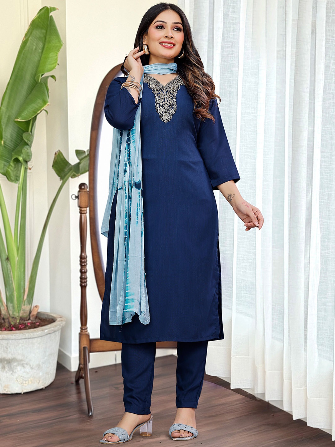 

Moda Rapido Blue Ethnic Motifs Yoke Design V-Neck Straight Kurta With Trousers And Dupatta