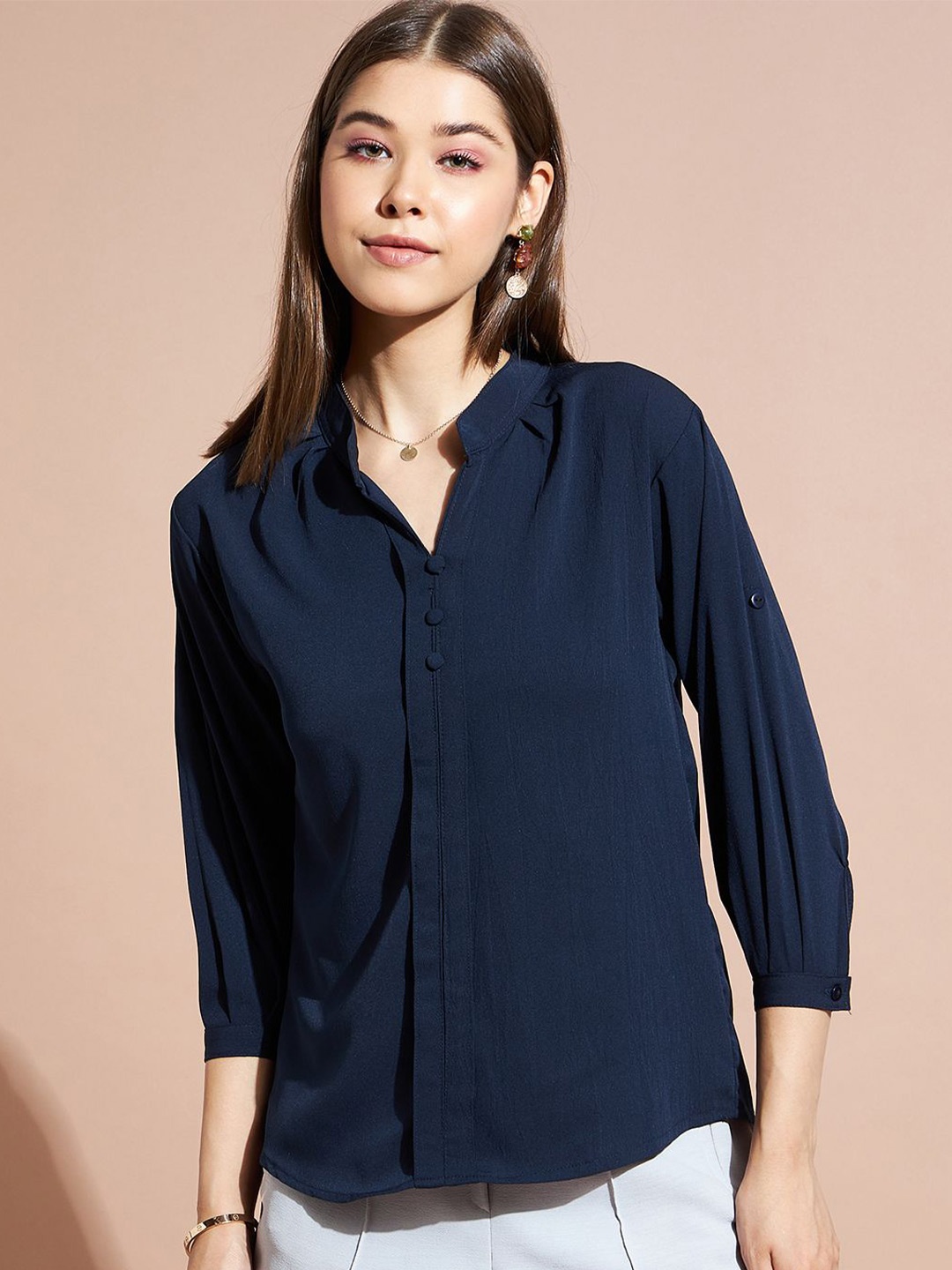 

DressBerry Crepe Shirt Style Top, Navy blue