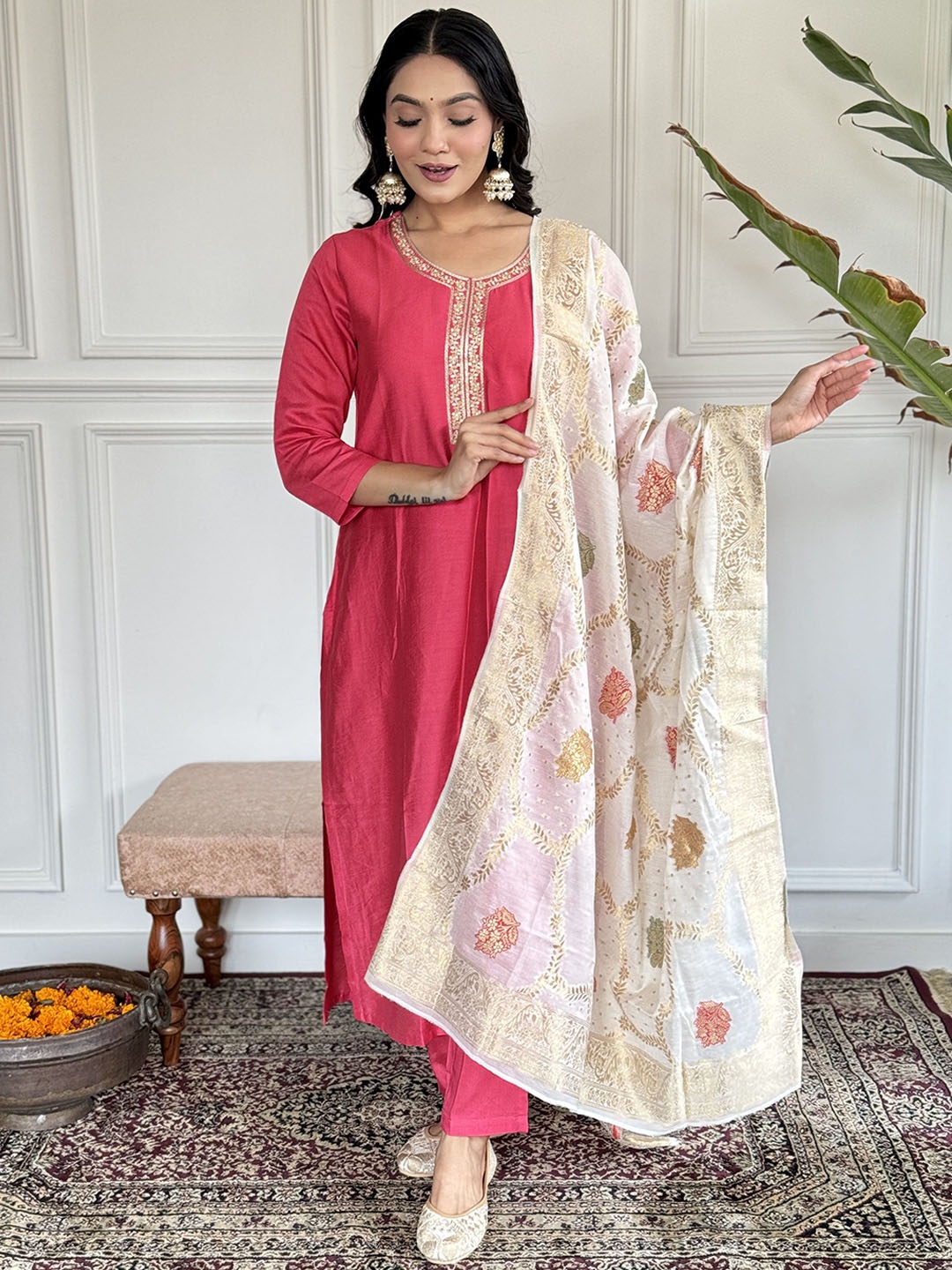 

Moda Rapido Floral Embroidered Round Neck Straight Kurta With Trousers And Dupatta, Peach