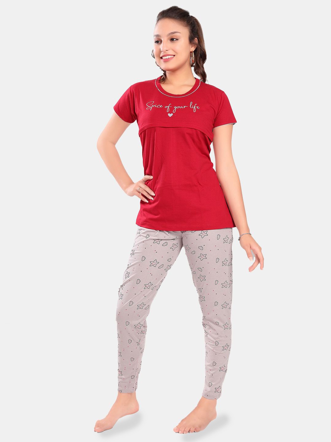 

SWEET MOON Typography Printed Round Neck Maternity T-Shirt With Pyjama, Red