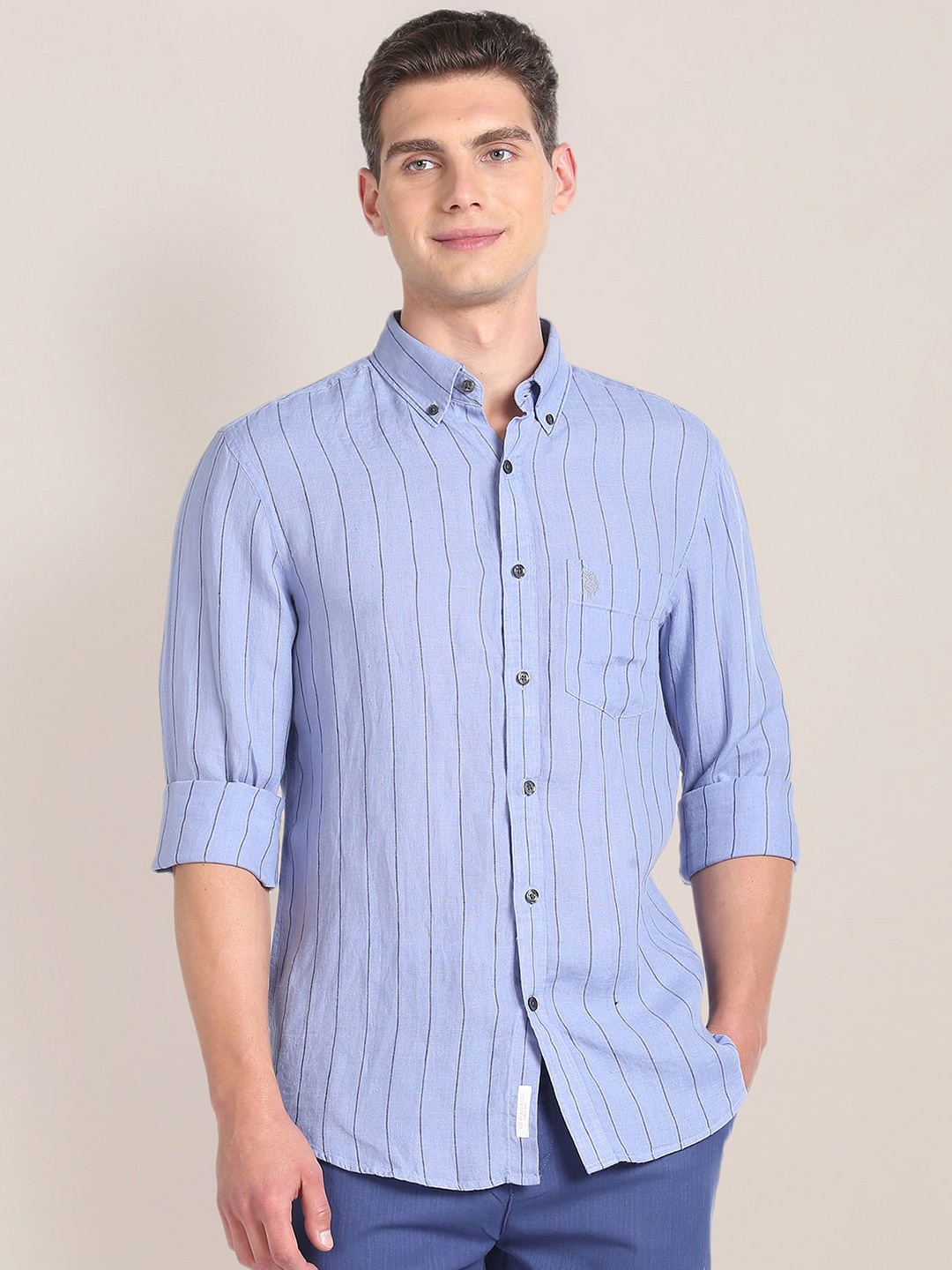 

U.S. Polo Assn. Men Slim Fit Button-Down Collar Vertical Striped Linen Casual Shirt, Blue