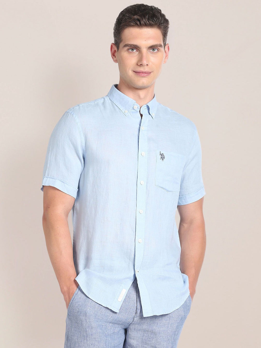 

U.S. Polo Assn. Men Slim Fit Button-Down Collar Solid Linen Casual Shirt, Blue