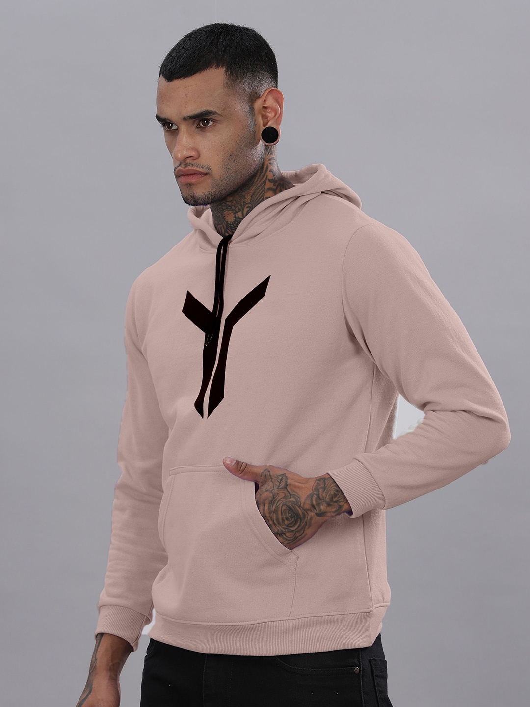 

FABRIPPLE Men Printed Hooded Pullover Sweatshirt, Peach