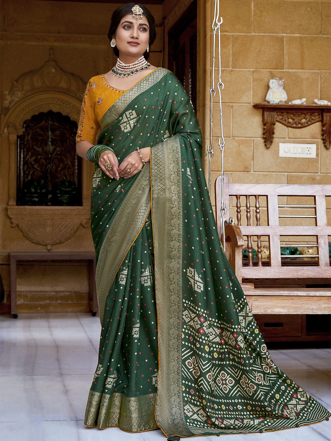 

A.V.M. SILK MILLS Bandhani Zari Pure Georgette Saree, Green