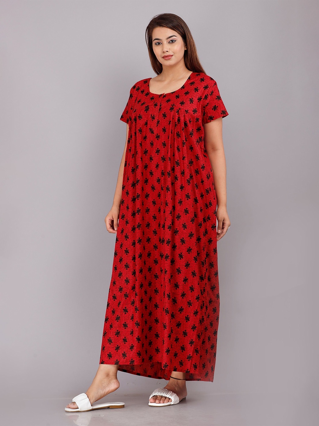 

PR PINK ROYAL Women Printed Pure Cotton Maxi Nightdress, Red