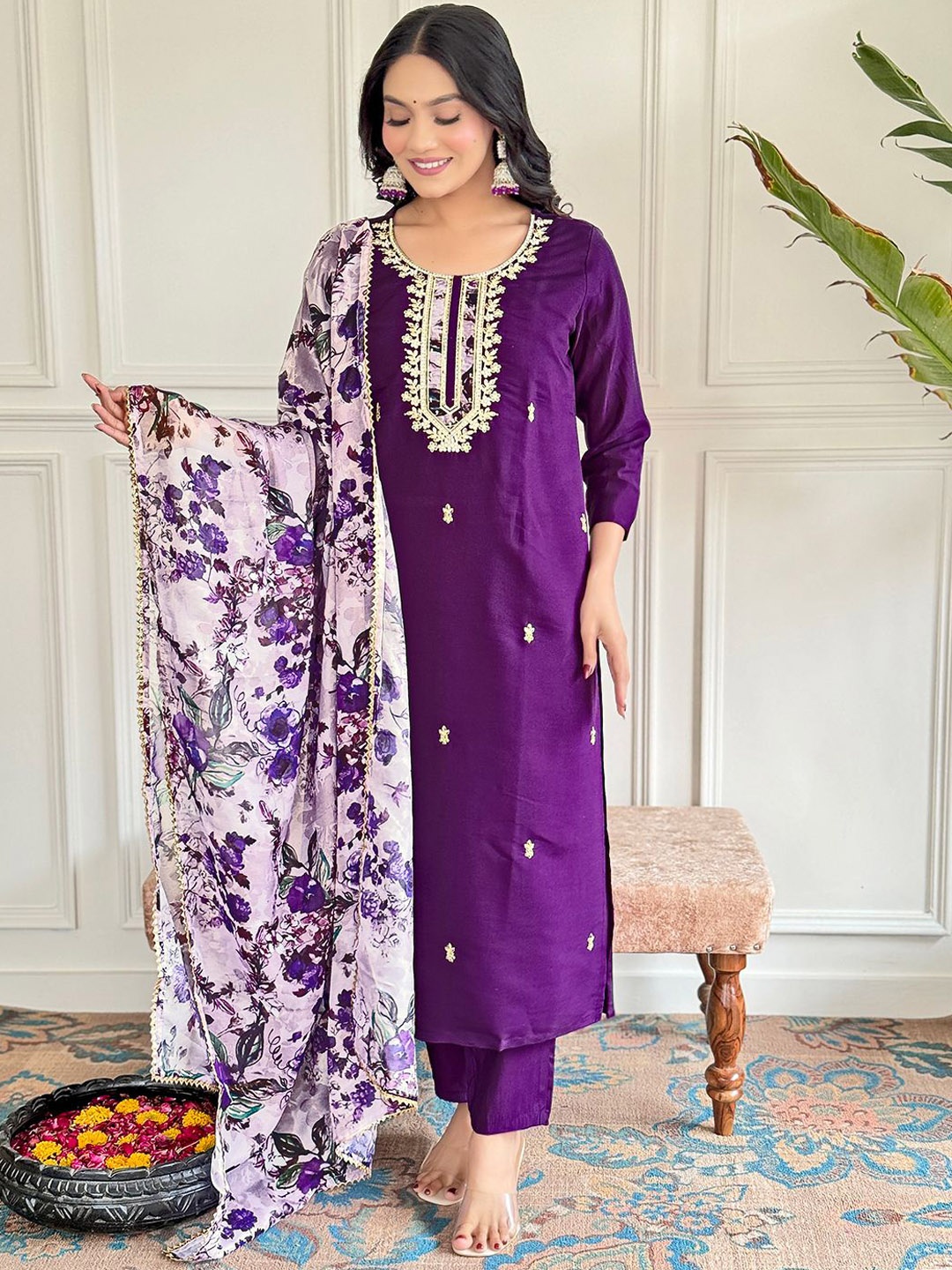 

Moda Rapido Floral Embroidered Round Neck Sequinned Straight Kurta With Trouser & Dupatta, Purple