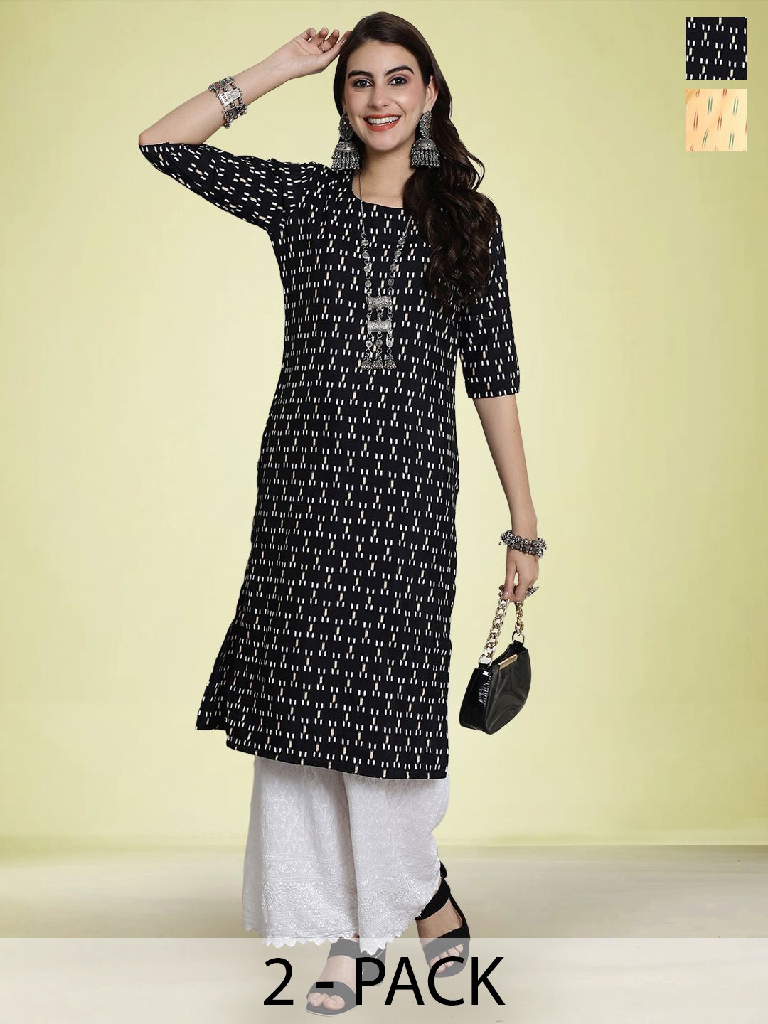 

Moda Rapido Set of 2 Printed Round Neck Straight Kurtas, Black