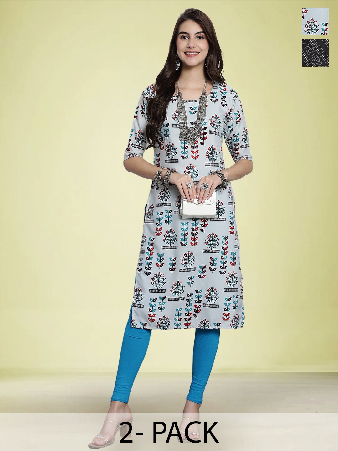 

Moda Rapido Set of 2 Ethnic Printed Round Neck Straight Kurtas, Grey