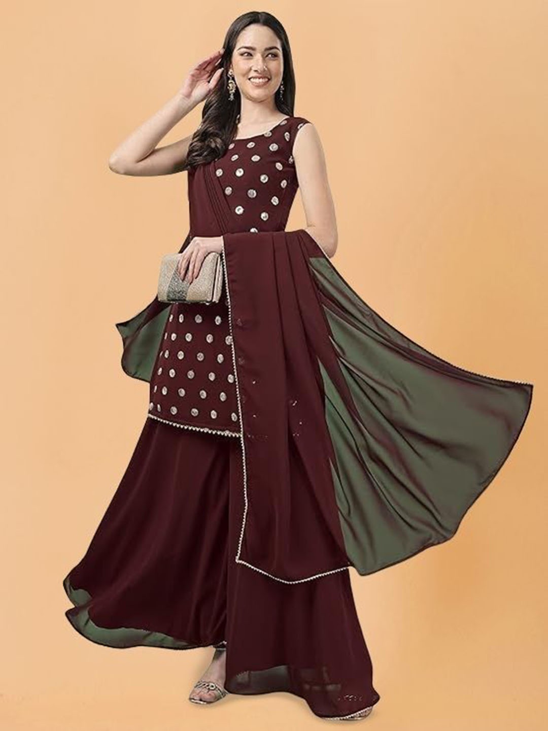 

PARROT CREATION Geometric Embroidered Sequinned Georgette Kurti With Sharara And Dupatta, Brown