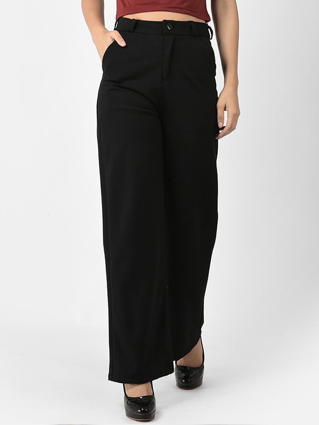 

FNOCKS Women Relaxed Straight Leg Flared High-Rise Parallel Trousers, Black