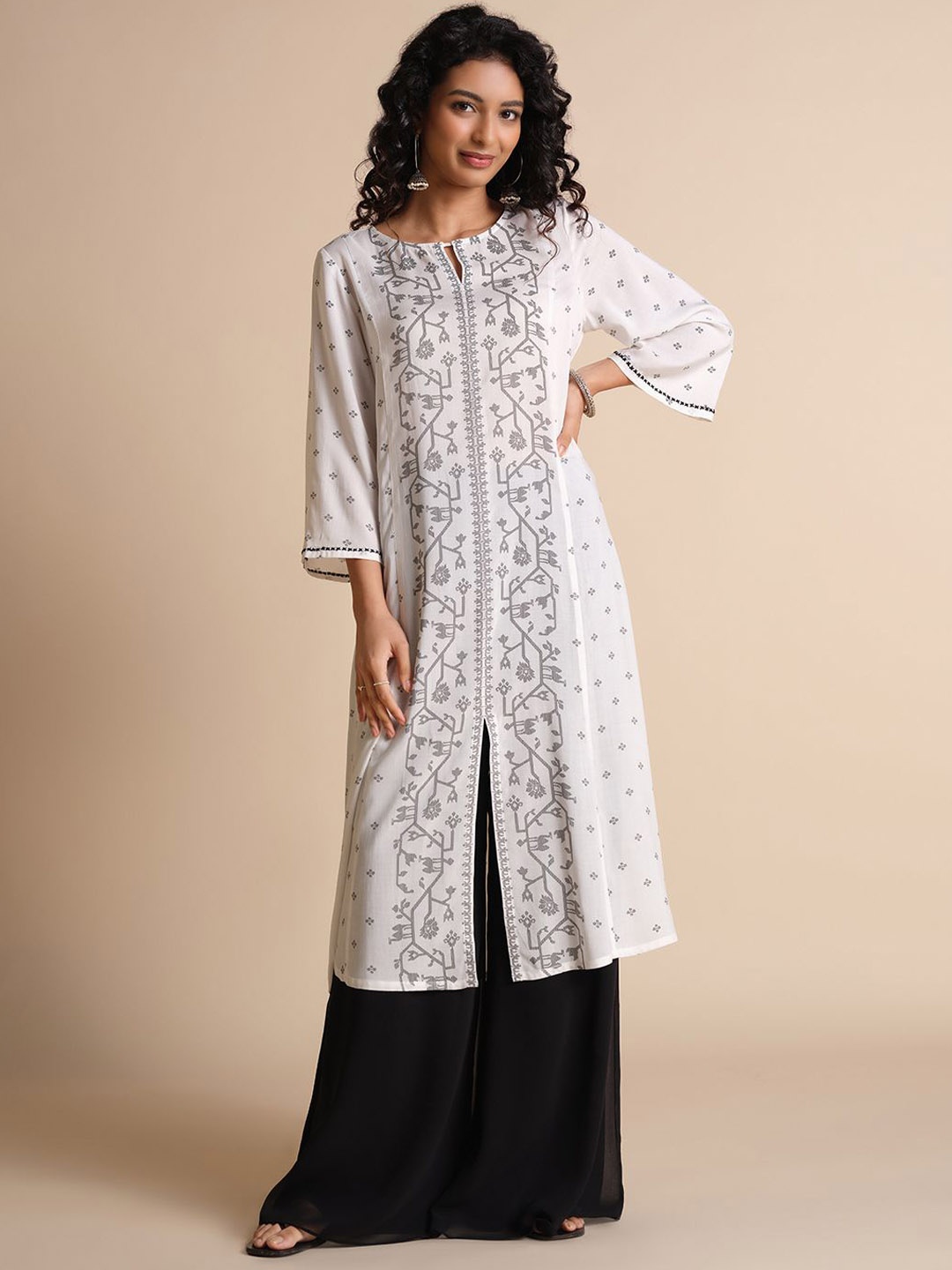 

Global Desi Women Ethnic Motifs Printed Keyhole Neck A-Line Kurta, White