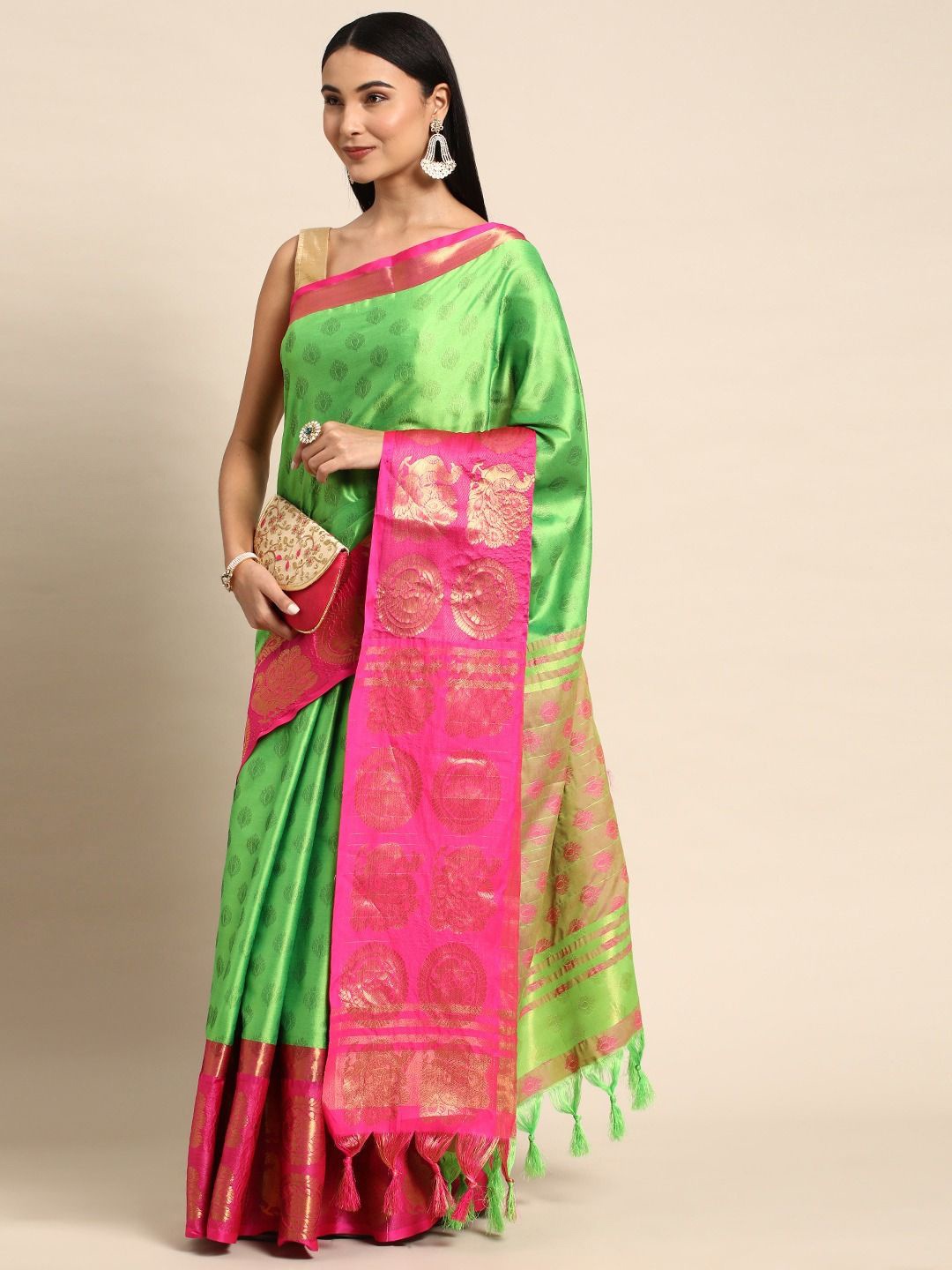 

DIVASTRI Woven Design Zari Silk Cotton Banarasi Saree, Green