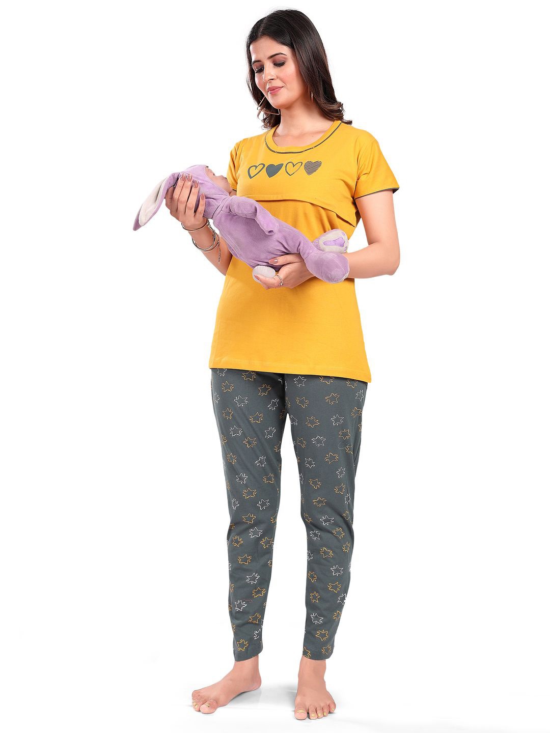 

SWEET MOON Printed Round Neck Maternity T-Shirt With Pyjama, Yellow