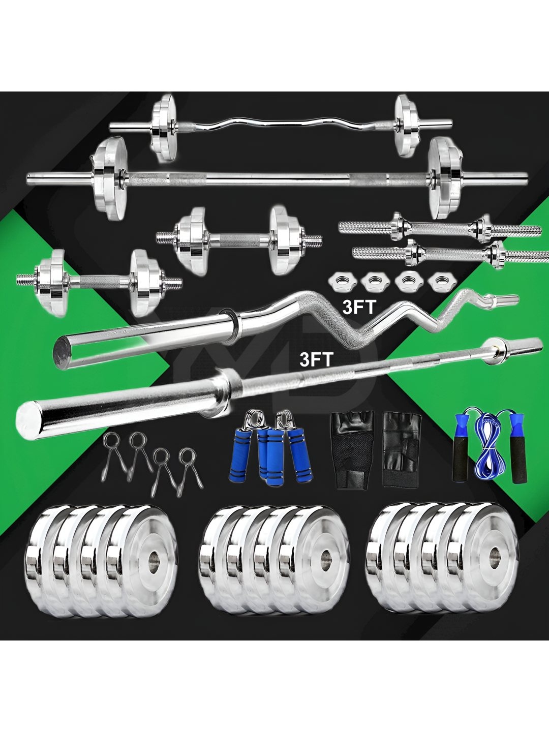 

YMD Set of 12 Steel Plates Curl & Straight With Accessories Home Gym Combo, Silver