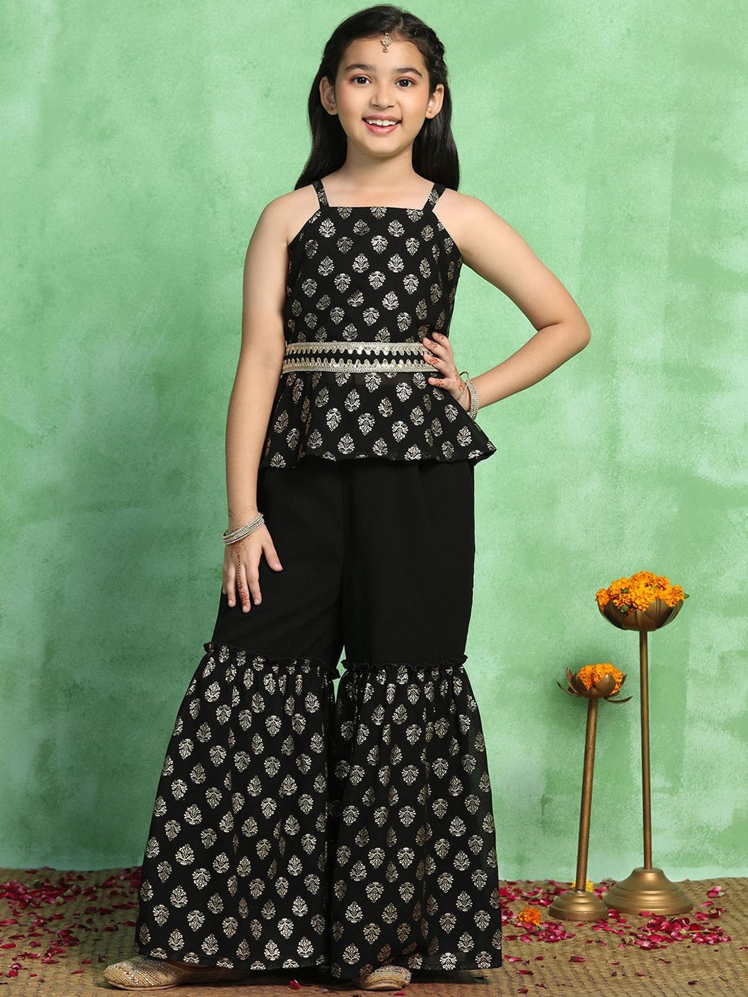 

Sangria Girls Black Floral Printed Georgette Shoulder Straps Kurta With Sharara