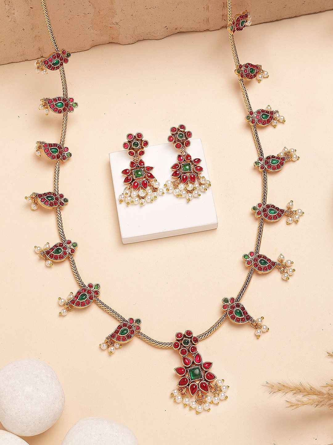 

KARATCART Gold-Plated Stone Studded Floral Design Rani Haar Temple Necklace and Earrings