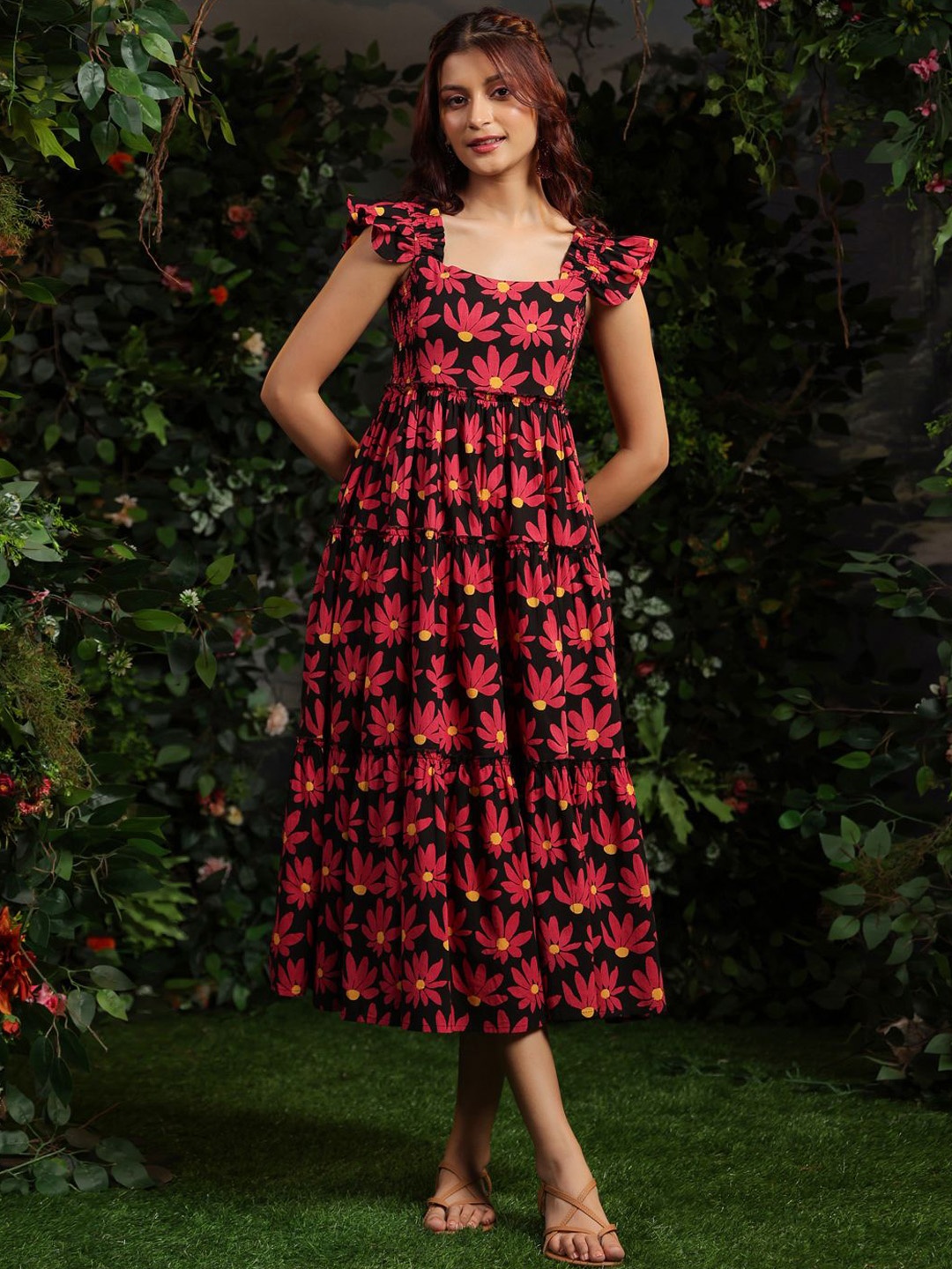 

Anayna Floral Printed Fit & Flare Ethnic Midi Dress, Black
