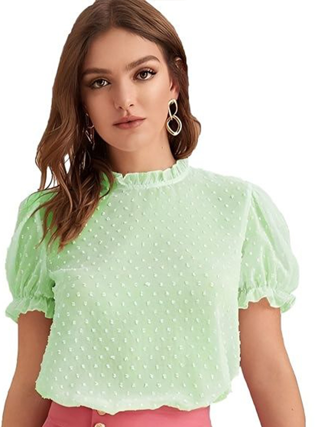

Sidhidata Women Round Neck Puff Sleeves Top, Green