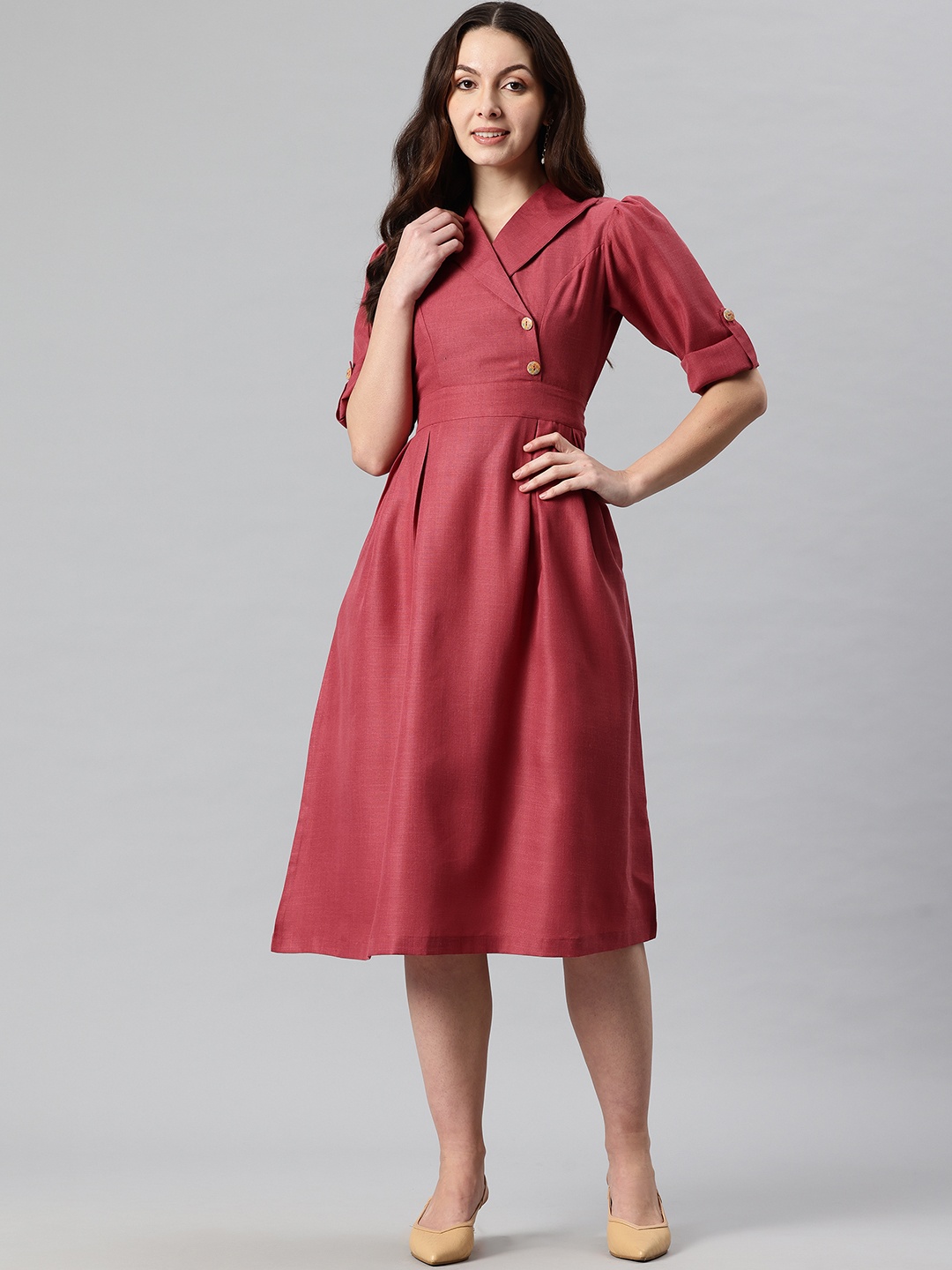 

Cottinfab Solid Lapel Collar Roll Up Sleeves Midi Blazer Dress, Coral