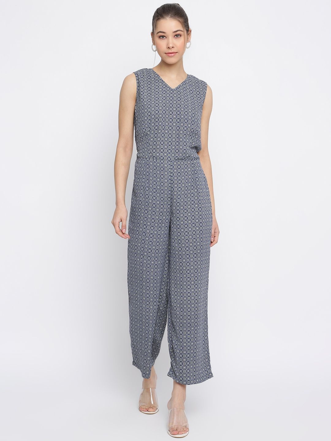 

DressBerry Women Printed V-Neck Sleeveless Jumpsuit, Blue