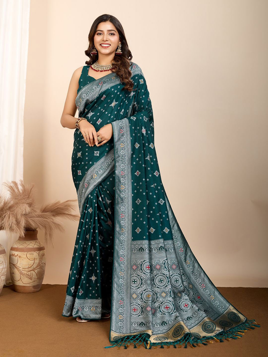 

bansari textiles Bandhani Banarasi Saree, Teal