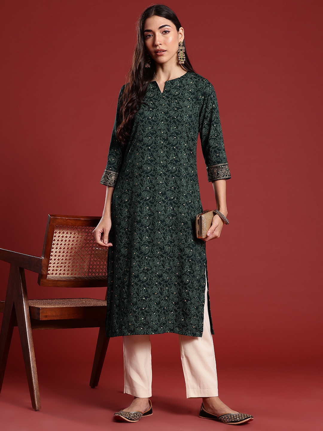 

Anouk Ethnic Motifs Print Straight Pure Cotton Kurta, Green