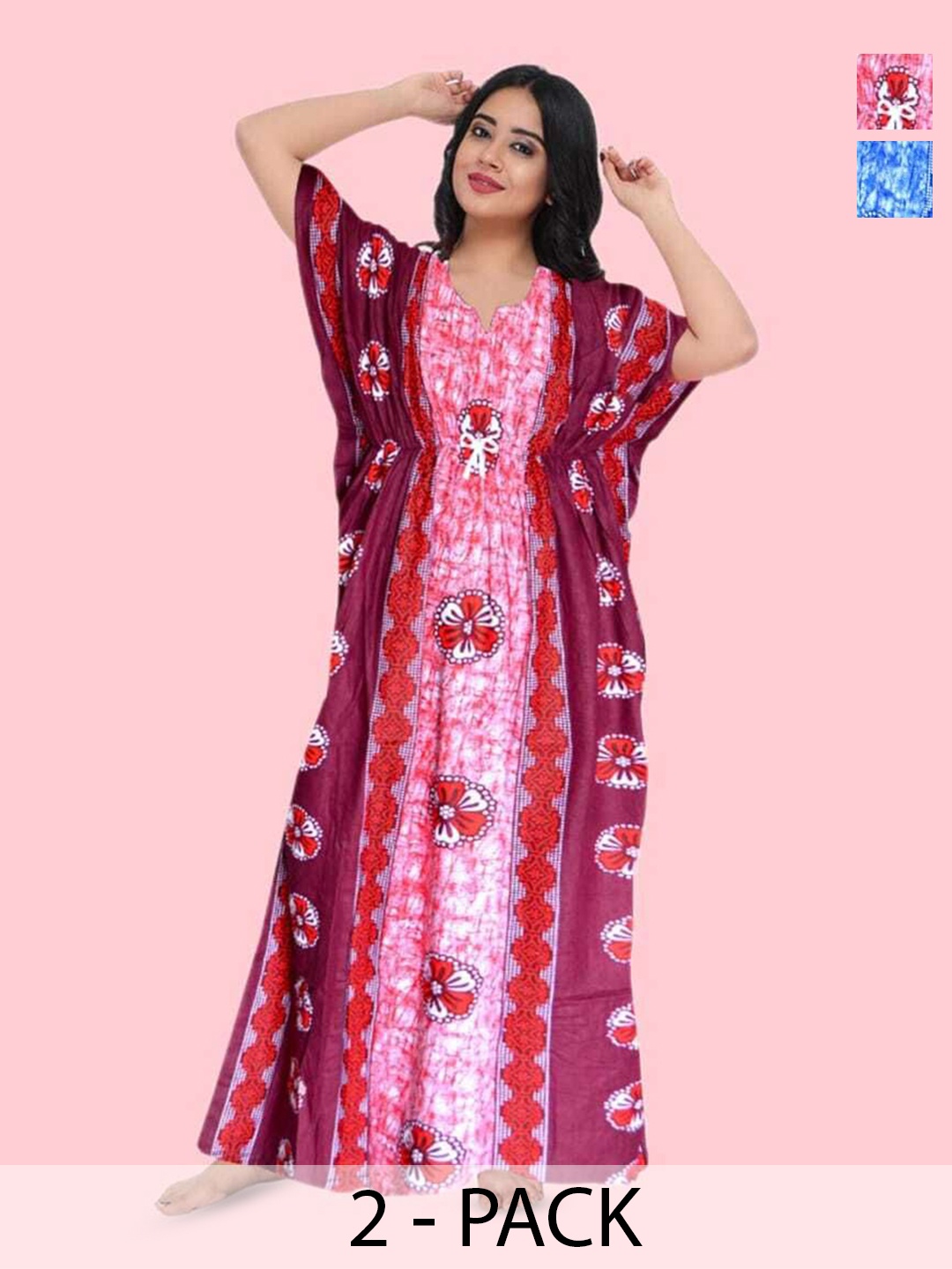 

PR PINK ROYAL Women Pack of 2 Printed Pure Cotton Kaftan Nightdress, Red