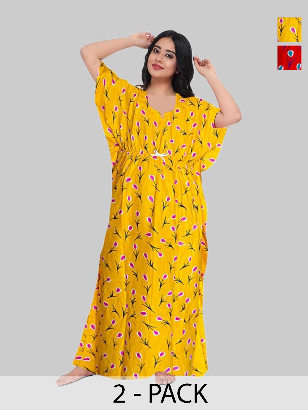 

PR PINK ROYAL Women Pack Of 2 Printed Pure Cotton Maxi Kaftan Nightdress, Red