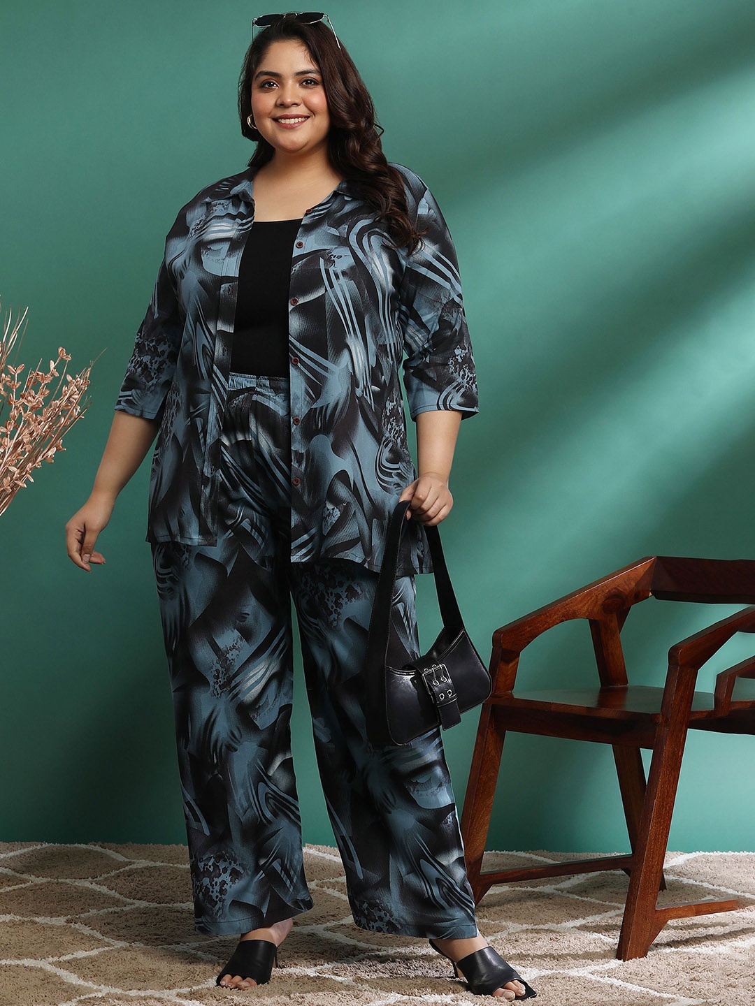 

KALINI Plus Size Printed Pure Cotton Shirt With Palazzo, Blue