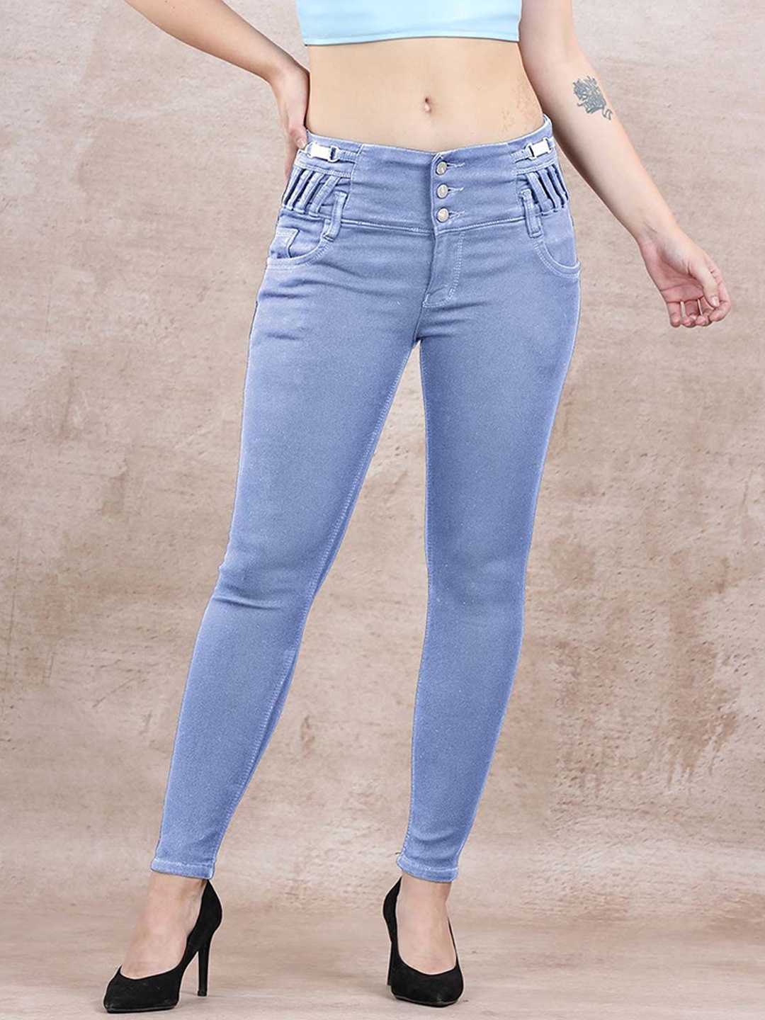 

FREYAA Women Skinny Fit Low Distress Jeans, Blue