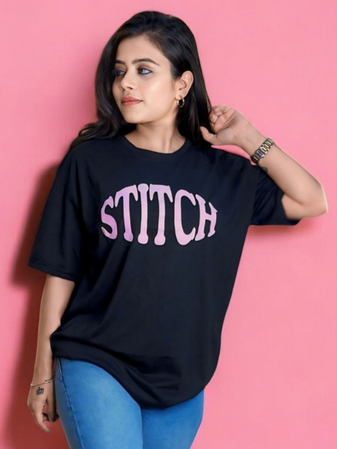 

HOW House Of Wear Women Graphic Printed Round Neck Oversized T-shirt, Black