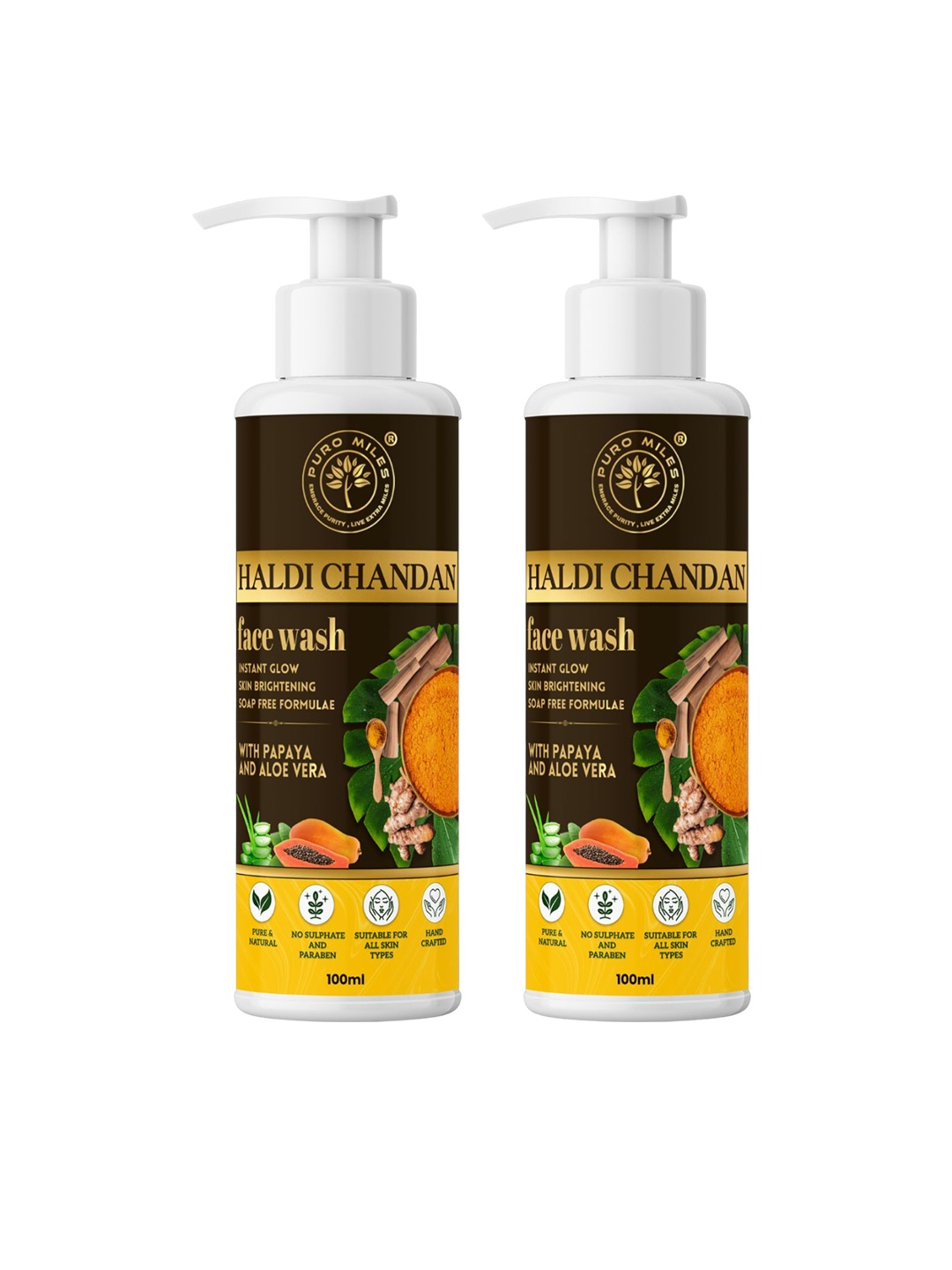 

Puro Miles Set Of 2 Haldi Chandan With Papaya & Aloe Vera Face Wash - 100 ml Each, Yellow