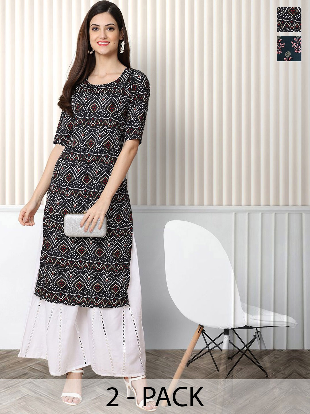 

Moda Rapido Pack of 2 Printed Round Neck Straight Kurtas, Black