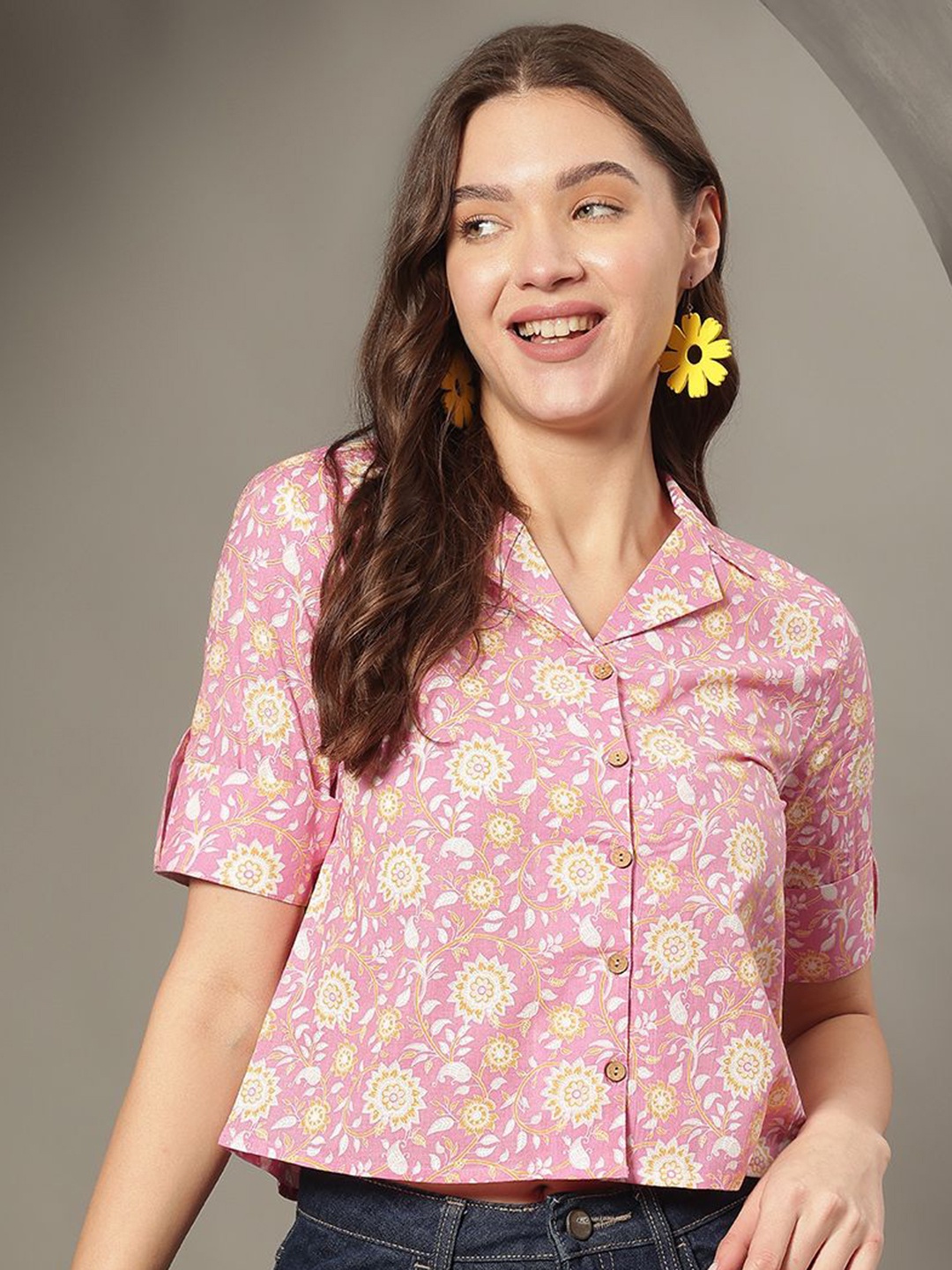 

JANAKDULARI CREATION Floral Printed Cotton Shirt Style Crop Top, Pink