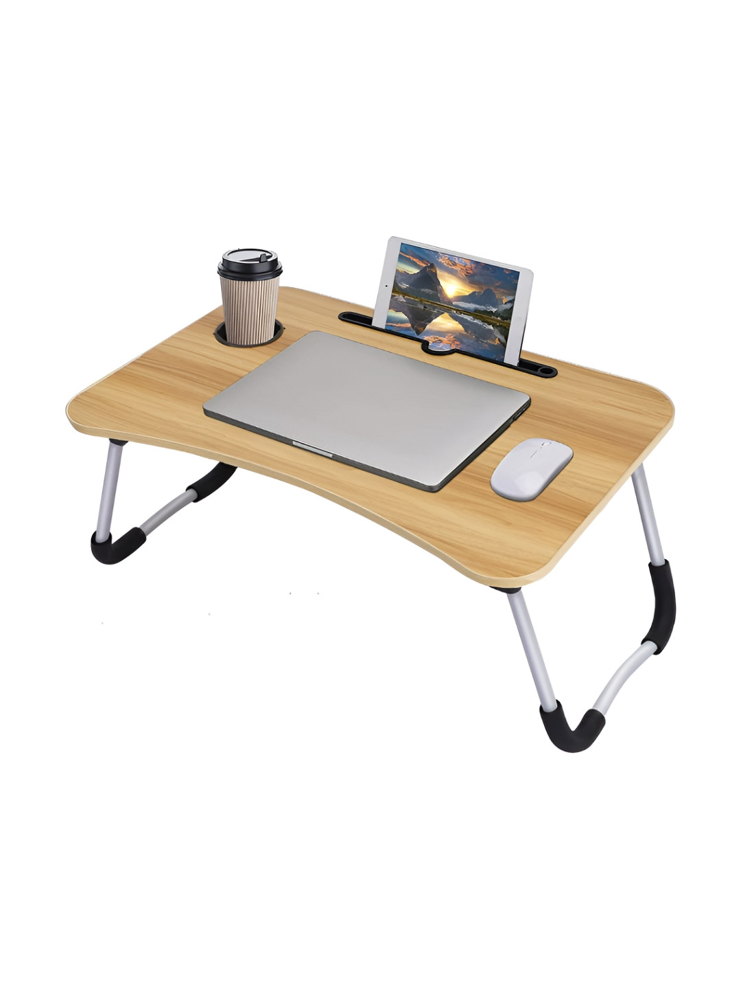 

HOKIPO Brown & Black Wooden Foldable Laptop Table With Ipad/Phone Holder and Mug Holder