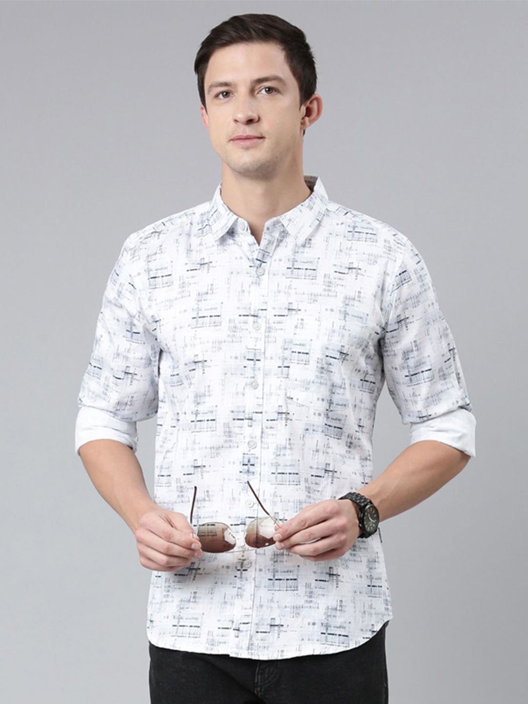 

Provogue Men Spread Collar Abstract Printed Cotton Casual Shirt, White