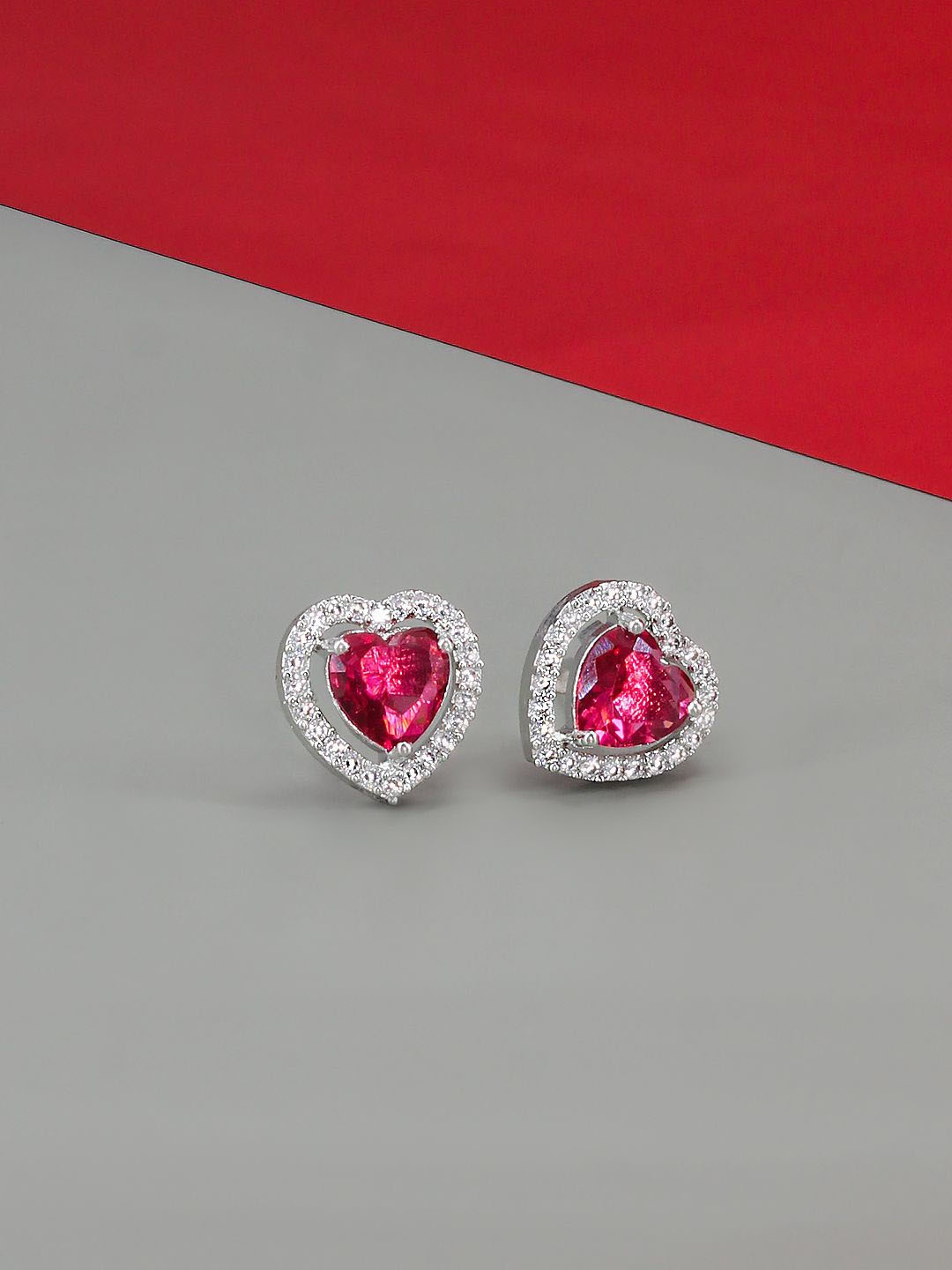 

PRIVIU Rhodium-Plated American Diamond Studded Heart Shaped Studs, Red