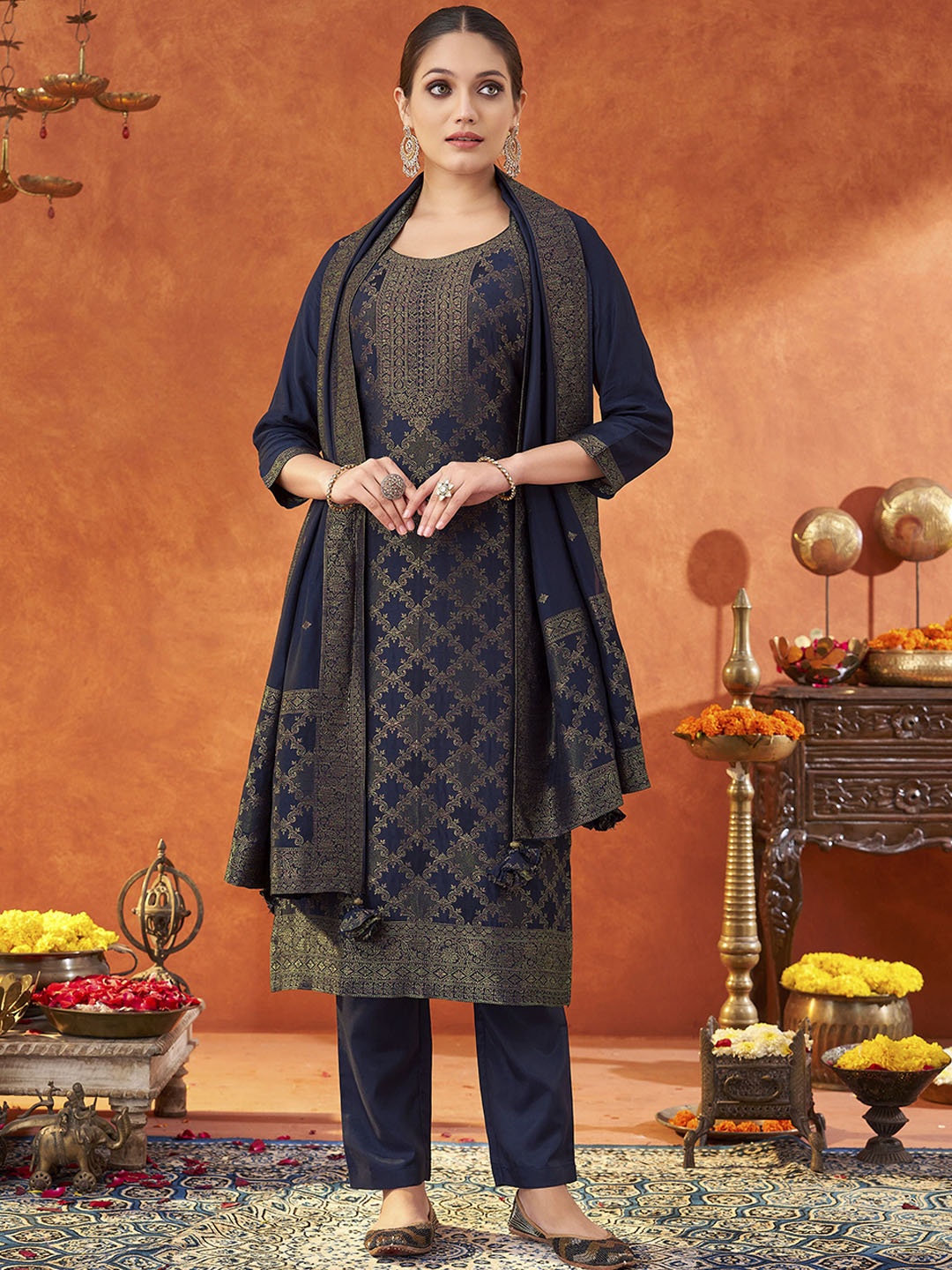 

Saanjh Ethnic Motifs Woven Design Pure Muslin Jacquard Straight Kurta & Trousers & Dupatta, Navy blue