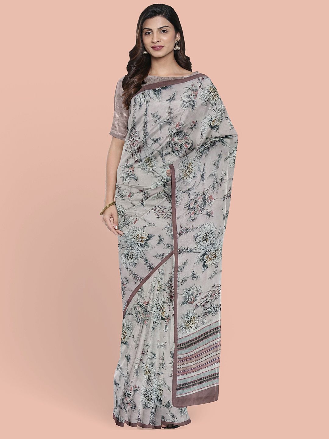 

Avyay Creation Floral Mysore Silk Saree, Grey