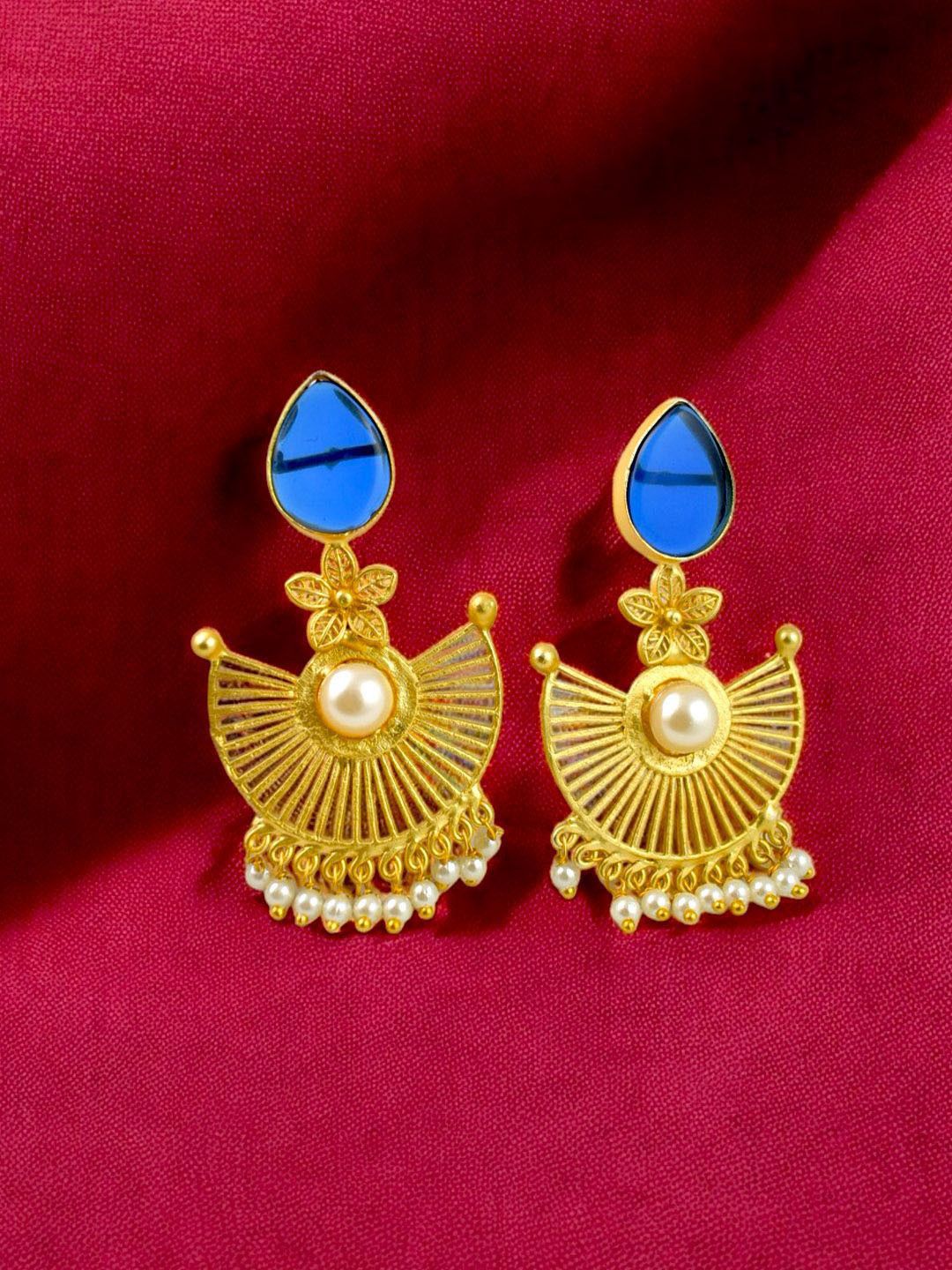 

TISHUL JEWELS Gold-Plated Stones Studded And Beaded Crescent Shaped Drop Earrings