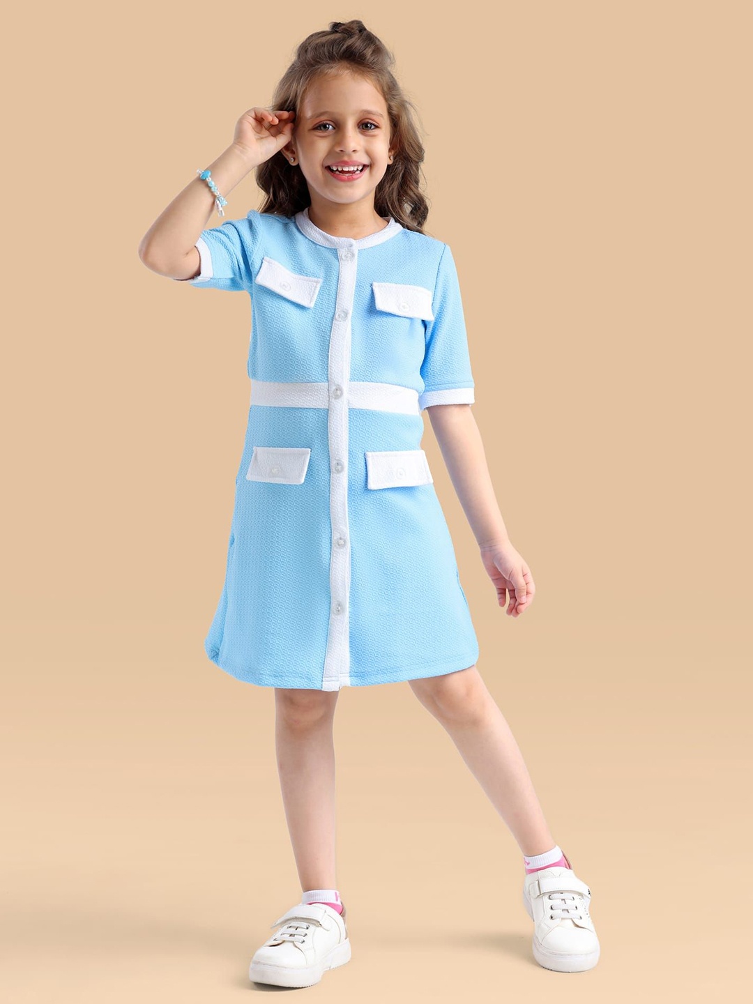 

Hola Bonita Girl Colourblocked Shirt Dress, Blue