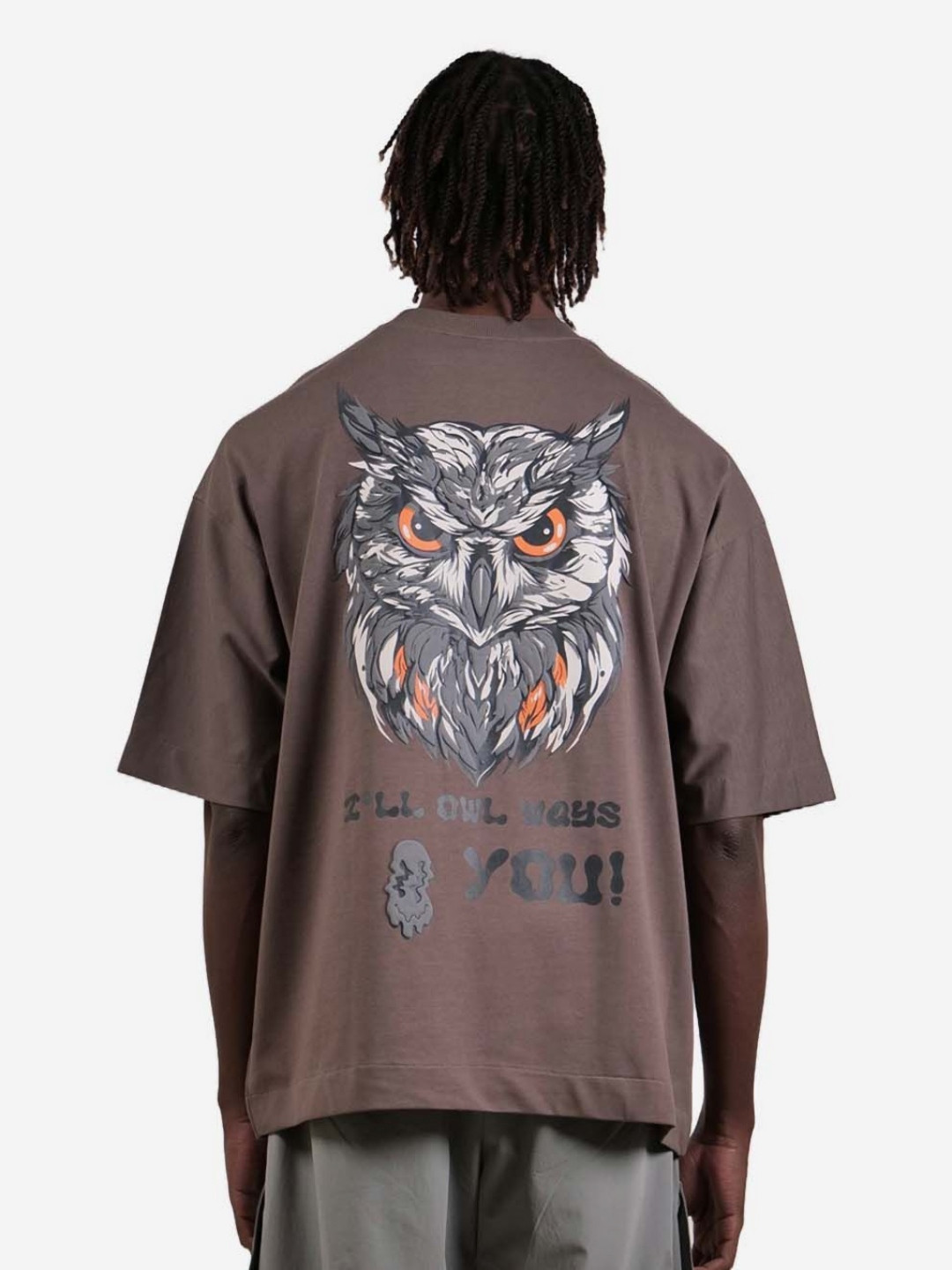 

KHAAKI Men Graphic Printed Round Neck Cotton Oversized T-shirt, Grey