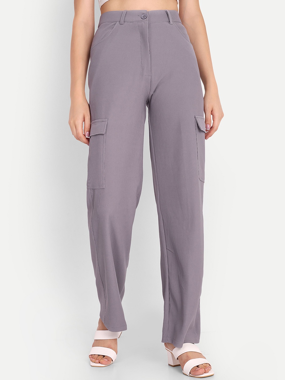 

FNOCKS Women Striped Relaxed Loose Fit High-Rise Trouser, Grey