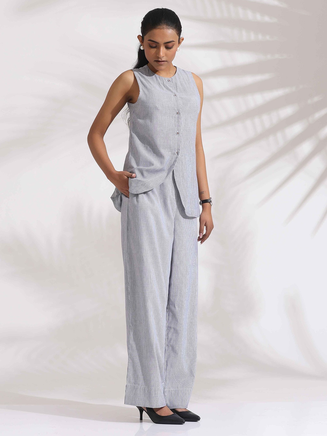 

trueBrowns Striped Pure Cotton Top With Trousers, Grey