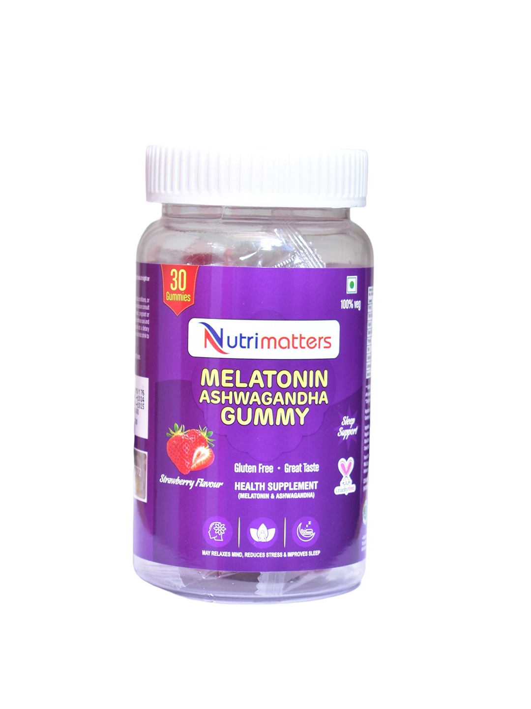 

NUTRIMATTERS Melatonin Ashwagandha Gummy - 30 Gummies - Strawberry Flavor, Burgundy